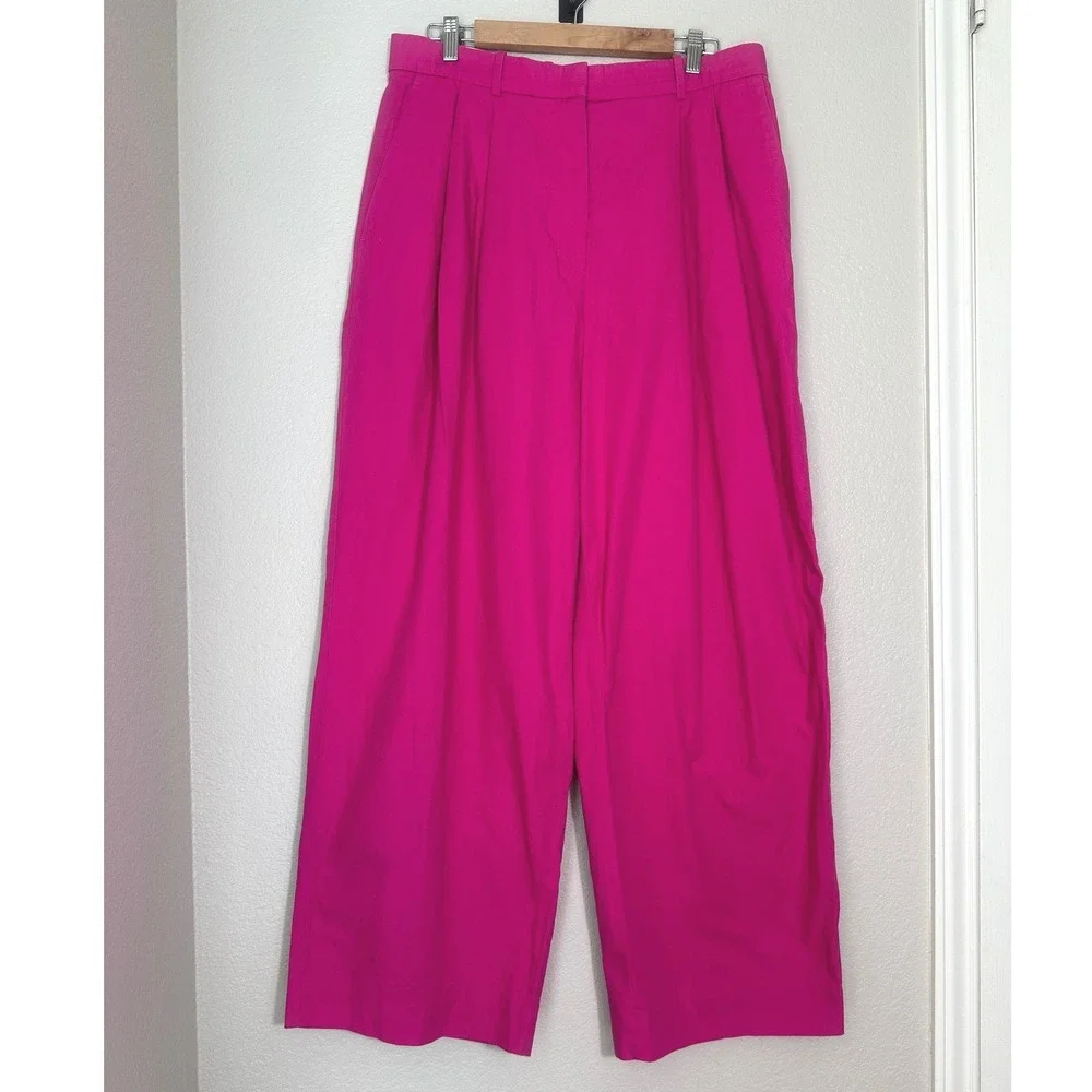 COS Pleated Wide Leg Trousers 100% Cotton Size 12 Pink Statement Minimalist